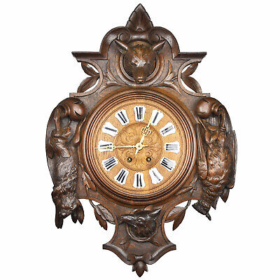 XL Antique BLACK FOREST Wood Carved Wall Clock