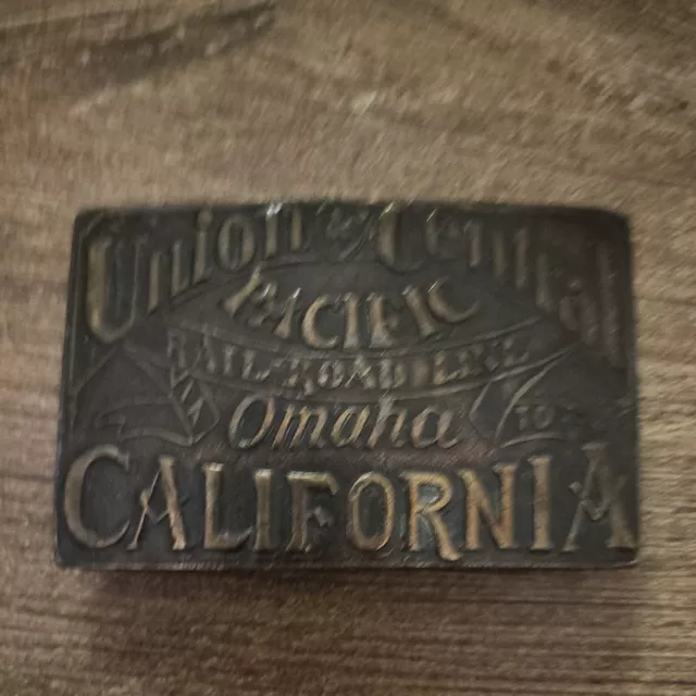 Vintage Union Central Pacific Omaha To CA Railroad Brass Metal Belt Buckle 3.5”