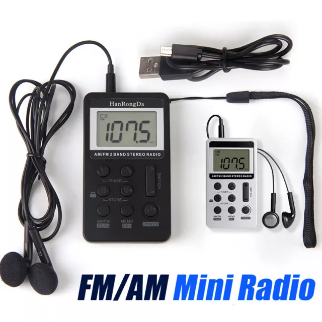 FM/AM Mini Radio Pocket Receiver Portable Digital LCD Stereo Earphone Set USB