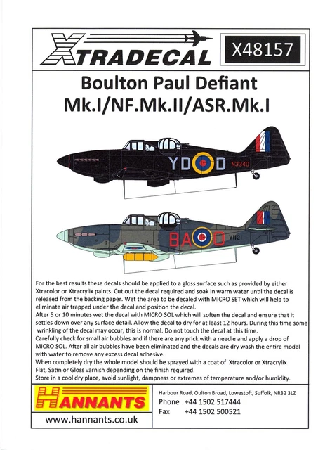 Xtra Decals 1/48 BOULTON PAUL DEFIANT Mk.I & NF.Mk.II & ASR.Mk.I British Fighter