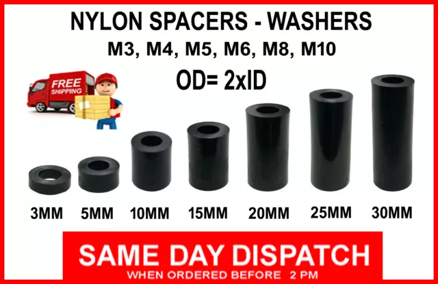 Plastic Spacers Black Nylon Standoff Washers M3 M4 M5 M6 M8 M10 (OD= 2x ID)