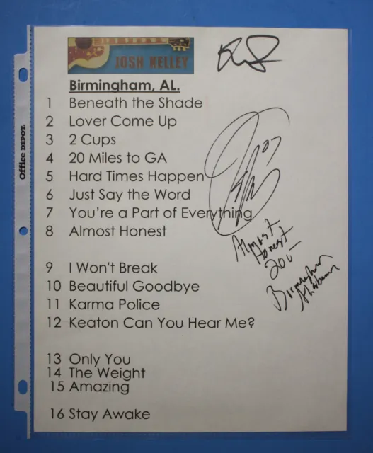 Autographed Hand Signed Country Singer JOSH KELLY Concert "Set List" Sheet