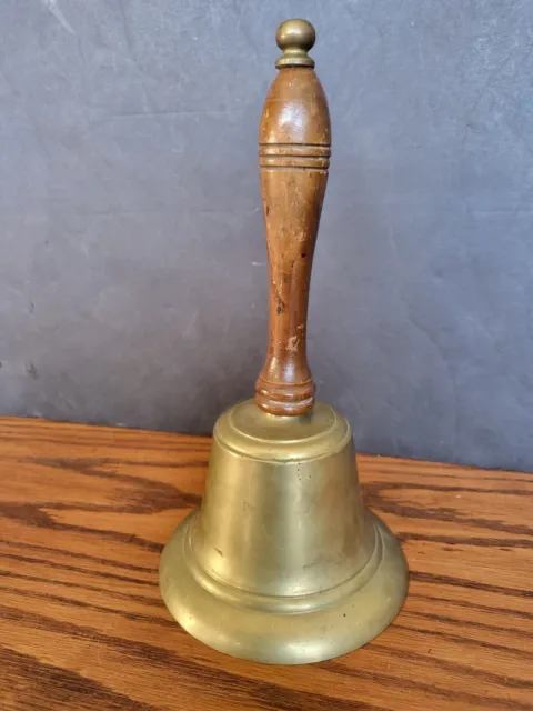 Antique 1930s Brass With Wood Handle Large School Teacher's Bell, 9-1/2" Tall