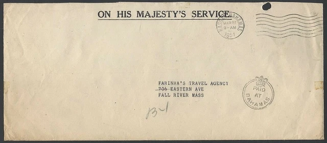 PAID AT BAHAMAS crowned circle on 1951 OHMS cover