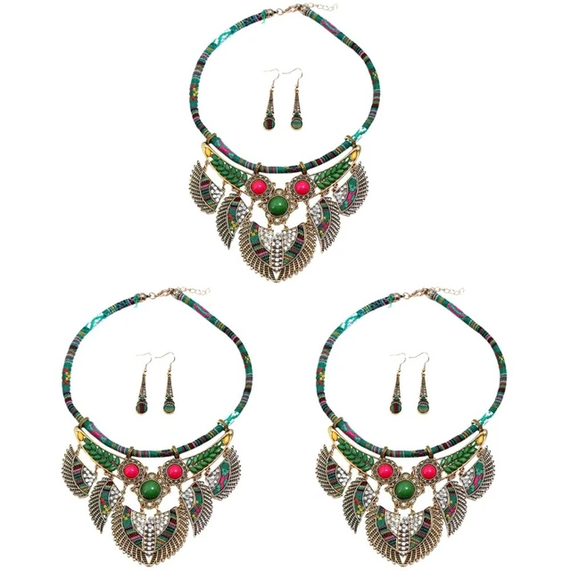 3 Sets Bohemian Necklace Earrings Ethnic Style Beaded Jewelry Rhinestone