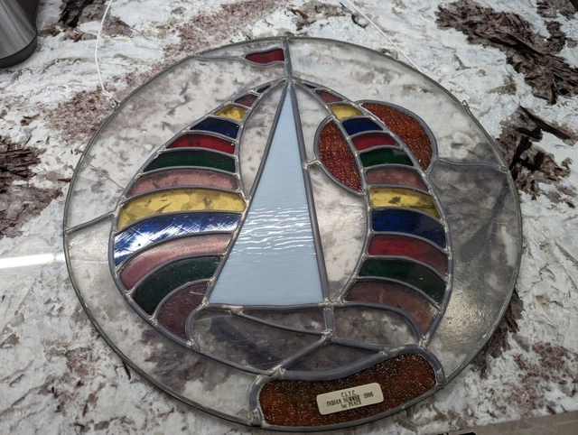 Stained glass window vintage round sail Boat Blue Green Red Hanging 15" 1986 3