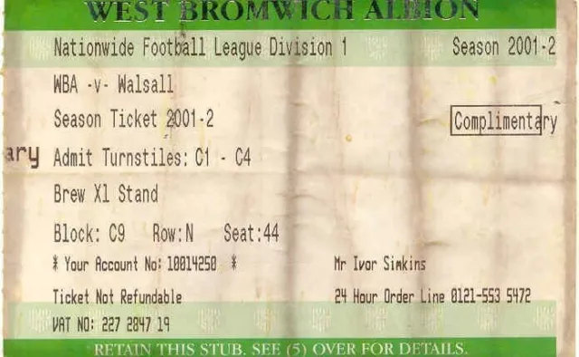 Ticket - West Bromwich Albion v Walsall  2001/2