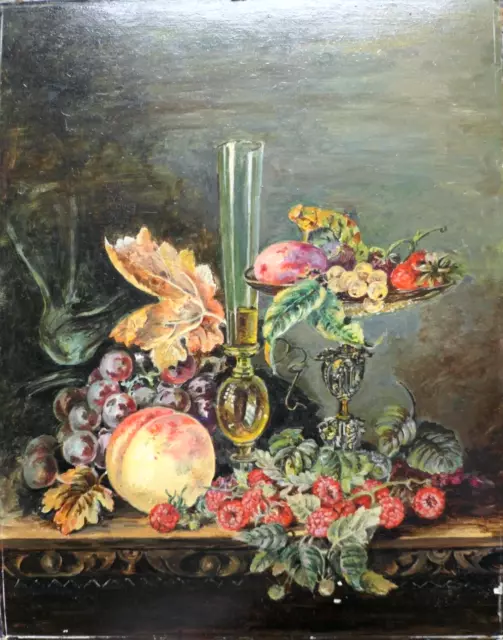 Early 20th C Oil On Board Still Life. Fruit, Flowers etc On Table. Unsigned