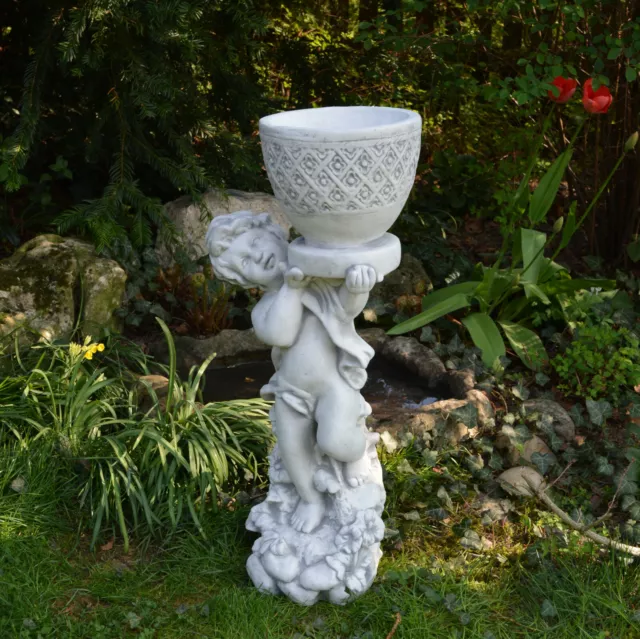 Solid Stone Figure Boy With Flowerpot On Rock cast Frost Resistant