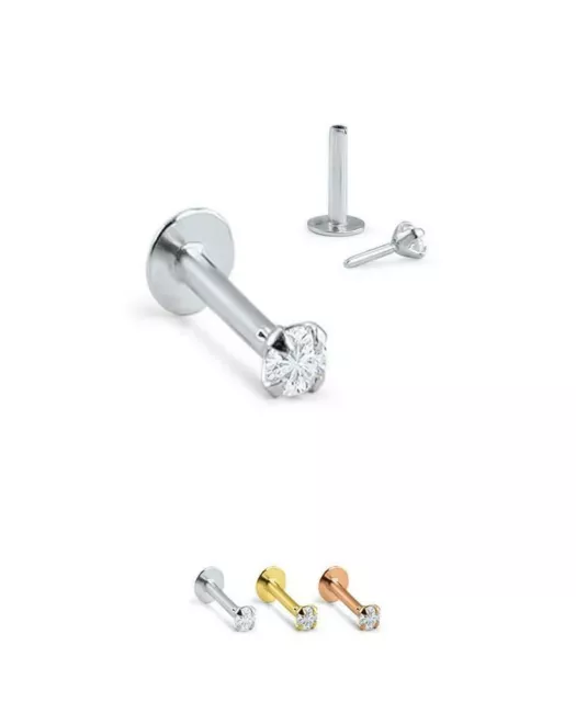 14K Solid White, Yellow, Rose Gold Diamond Labret Nose Ring Monroe Push Pin 20G