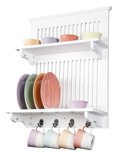 Aston Kitchen Plate Rack with Shelf, White, Wood, Wall Mounted