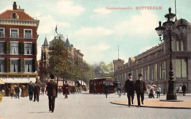 Postkarte - Rotterdam - Niederlande - Zeevishmarkt - Strassenbahn - Geschäfte