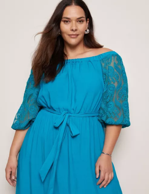 Plus Size - Womens Dress -  Lace Sleeve Off Shoulder Maxi Summer Dress