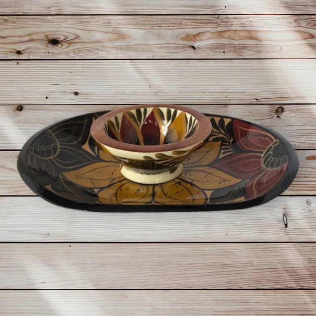Sunflower Wood Lacquered Serving Plate & Matching Bowl. Hand Crafted And Painted
