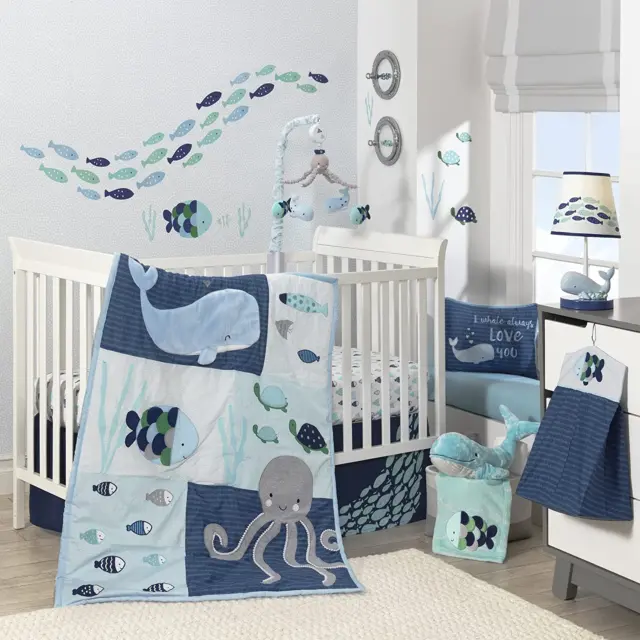 Oceania 6-Piece Baby Crib Bedding Set - Blue Ocean, Nautical, Aquatic, Whale, Oc