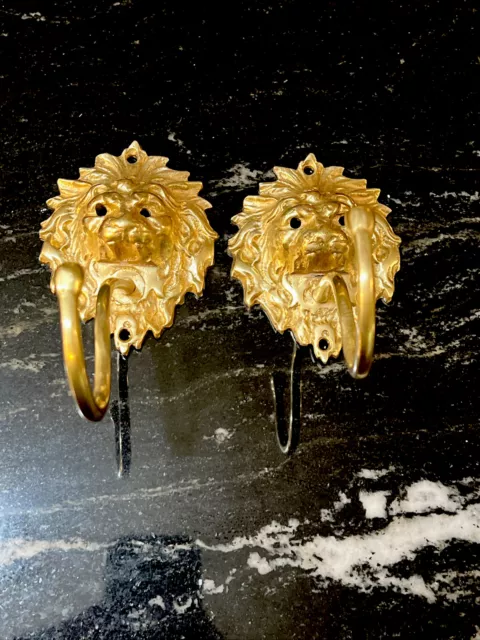 Rare Vintage Set of 2 Solid Brass Lion Head Coat Hooks