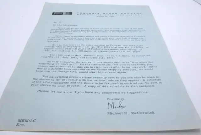 FOSTORIA GLASS 1966 Letter to Salesmen Advertising Pushback from Dealers #19