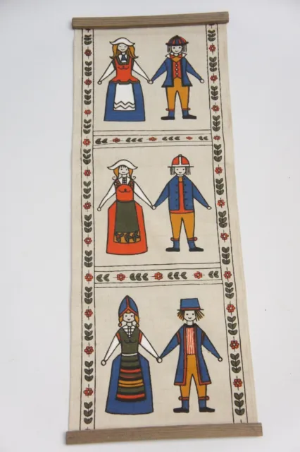 Vintage 60s-70s Norwegian Folk Dress Print Tapestry Wall Hanging