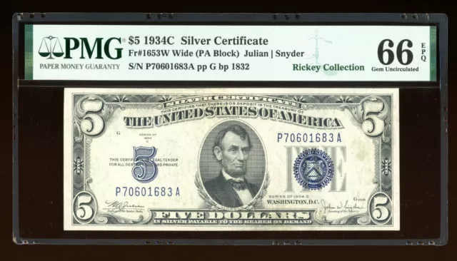 DBR $5 1934-C Silver Fr. 1653W PA Block Wide PMG 66 EPQ Serial P70601683A