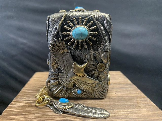 Zippo Lighter Indian Spirit Eagle Natural Stone  Brass Silver add necklace