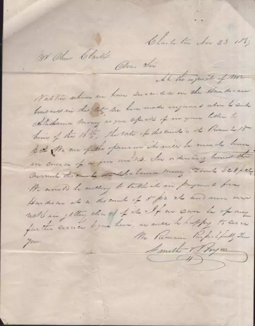 South Carolina Charleston / 1839 letter addressed to Mr Olin? Clark Pell New