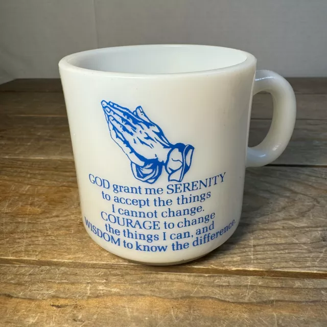 Vintage Serenity Prayer Courage Wisdom White Milk Glass 6 oz. Coffee Cup Mug