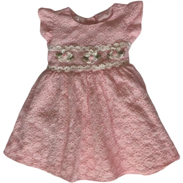 EUC Bonnie Jean Baby Girls Pink Eyelet Floral Ribbon Spring Dress, 12 Months