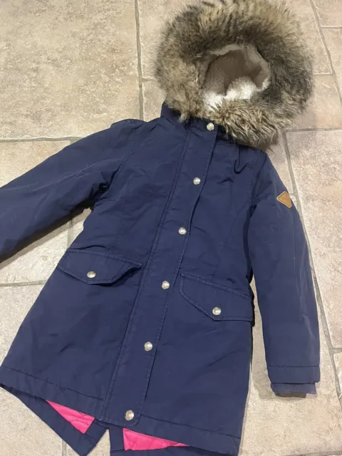 Joules Girls Willow French Navy Pink Warm Padded Fur Hood Parka Coat Age 6 Years