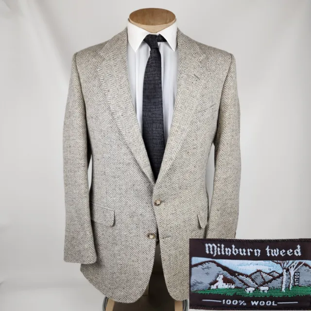 Vintage Milnburn Tweed Mens Blazer 44L Gray Herringbone Sport Coat 2 Button
