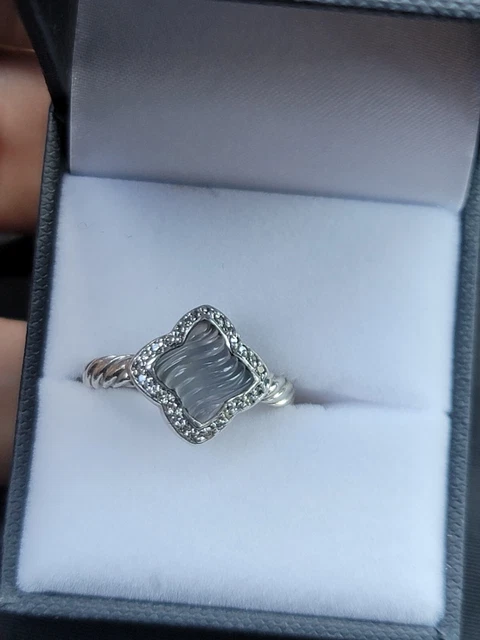 David Yurman Silver Diamond Carved Chalcedony Quatrefoil Ring Sz6