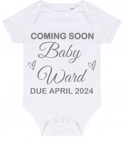 Personalised Baby Announcement Vest - Coming Soon Baby [Name] - Due April 2024