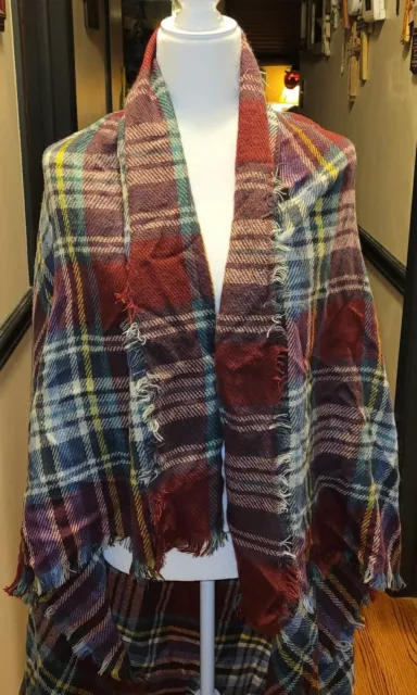 Women's Multicolored Plaid Blanket Over Sized Scarf Shaw W/Raw Hem Fringe Ends