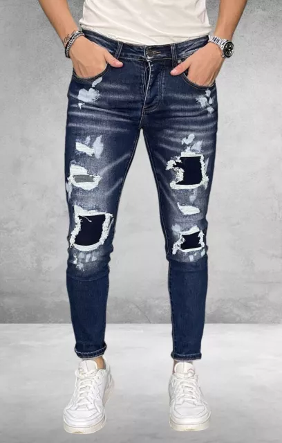 Jeans Uomo Con Strappi E Toppe Skinny Fit Elasticizzato