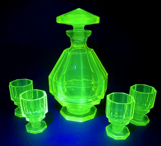 Art Deco Bohemian Moser Liquor Decanter with Four Glasses Uranium Vaseline Glass
