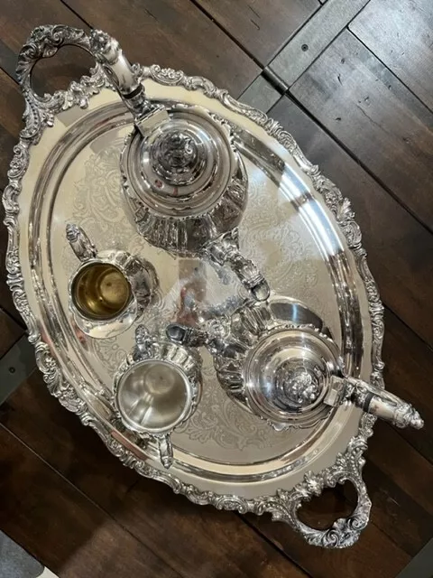 Wallace Baroque silver plate tea & coffee set w/tray