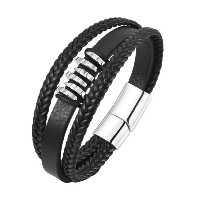 Gentle Black Mens Bracelet, PU Leather with Metal Charm Wristband Simple Jewelry