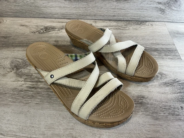 Crocs Cork Wedge Sandals Leather Shoes Open Toe Slip On Strappy Womens Sz 9