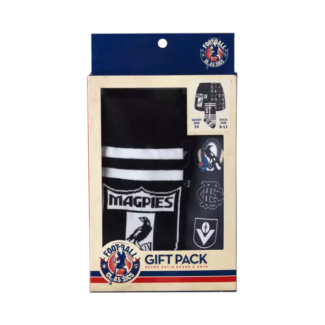 Collingwood Magpies AFL FC2069 W22 Mens Retro Logo Satin Boxer Shorts & Socks