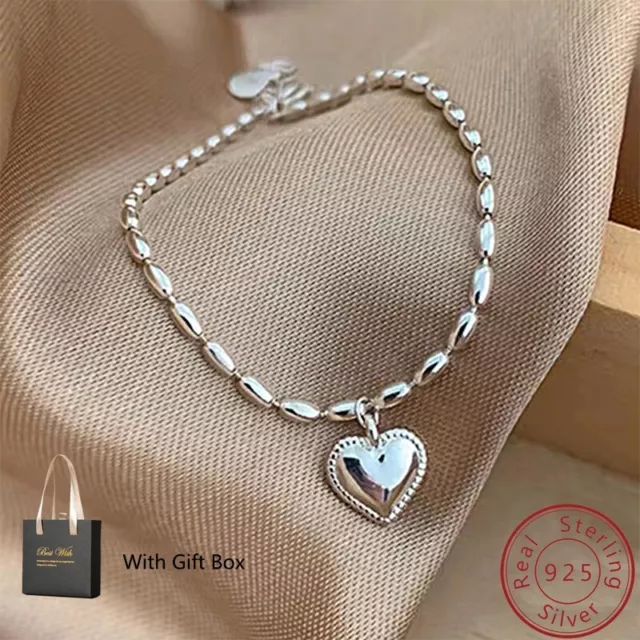 925 Sterling Silver Heart Charm Women's Bracelet Olive Beads Link Chain Bangle