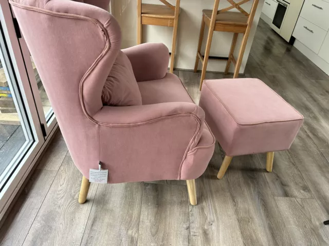 Scallop Back Pink Matte Velvet Arm Chair And Footstool