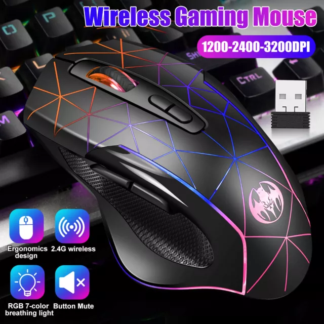 3200DPI Chargeable RGB LED Ergonomic Wireless Gaming Mouse Optical for Laptop PC