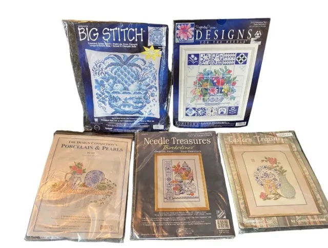 Counted Cross Stitch Kit with Blue and White Vase Dish Tile Designs Your Choice