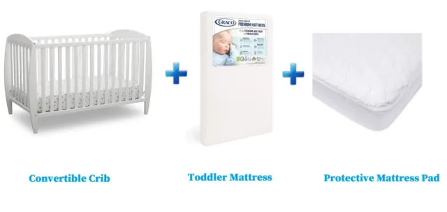 4-in-1 Convertible Baby Crib + Toddler Mattress + Waterproof Mattress Pad