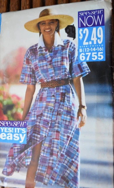 Butterick See & Sew Sewing Pattern 6755 Misses Shirt Dress Sz 12 14 16 Uncut