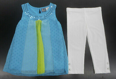 Girls Pogo Club 2pc Set Blue & Green Dress Top w/ White Leggings Sizes 4 - 5/6