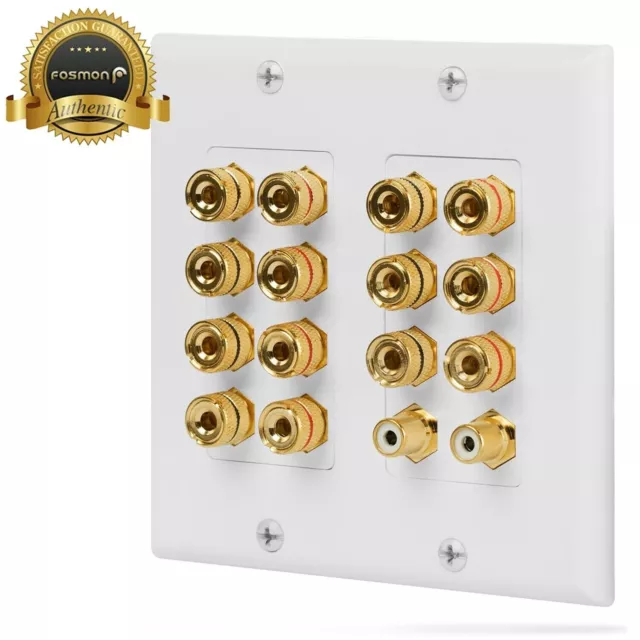 Surround Sound Wall Plate 2-Gang 7.1 w/ Gold Plated 7-Pair Copper Binding Posts