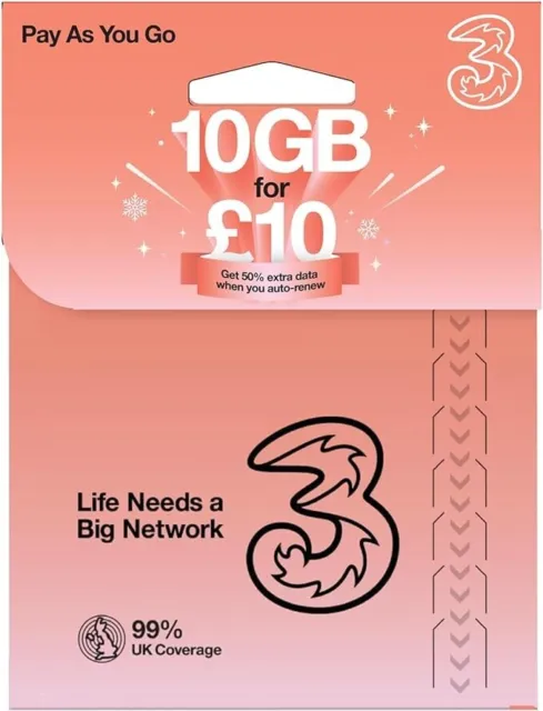 Three 3 Preloaded SIM Card 10GB DATA PACK Unlimited Calls & Text Pay as You Go