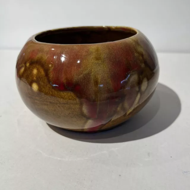 VTG 1960s Frank Moreno Ceramics Brown Red Planter Drip Glaze Pottery Floral Frog