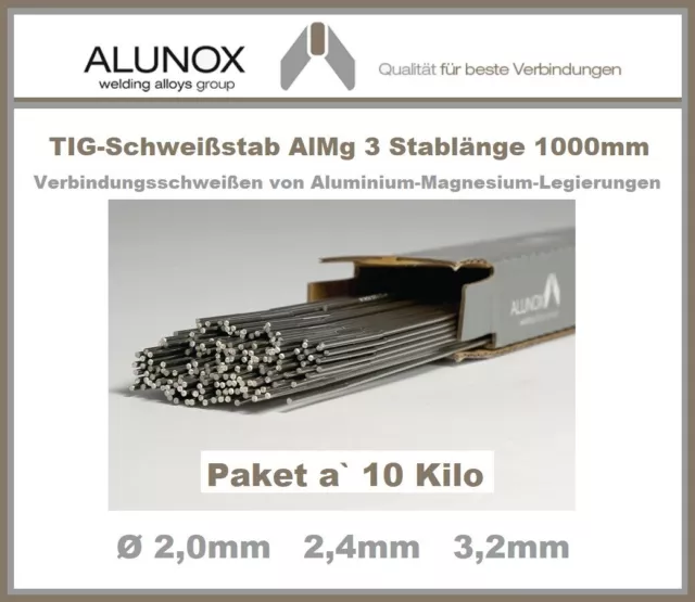 10Kg ALUNOX TIG-Schweißstab AlMg 3 Ø 2,0 2,4 3,2 mm L 1000mm Aluminium Magnesium