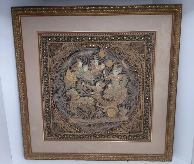Antique Burmese Large Kalaga Framed Tapestry